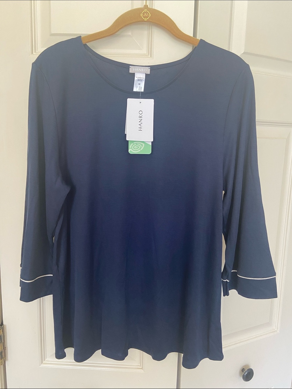 HANRO Navy 3/4 Sleeve Natural Comfort Sleep Top with Contrast Piping